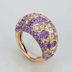 Vintage Golden Round Cut White & Amethyst Sapphire Cocktail Ring For Women