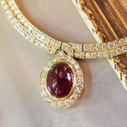 Golden Double Row Chain Oval Cut Cabochon Ruby Sapphire Pendant Necklace