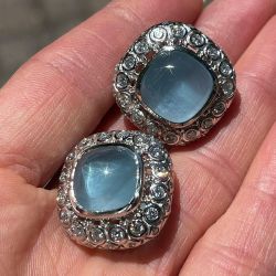 Halo Cushion Cut Cabochon Aquamarine Sapphire Stud Earrings For Women