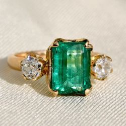 Golden Emerald Cut Emerald Sapphire Three Stone Engagement Ring For Women