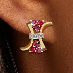 Unique Bow Design Two Tone Round Cut Ruby Sapphire Stud Earrings For Women