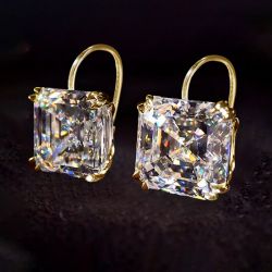 Classic Golden Solitaire Asscher Cut White Sapphire Drop Earrings For Women