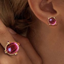 Golden Oval Cabochon Cut Pink Sapphire Cocktail Ring & Stud Earrings Set