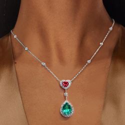 Pear & Heart Cut Emerald & Ruby Sapphire Pendant Necklace For Women