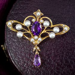 Vintage Golden Oval Cut Amethyst Sapphire & Pearl Brooch For Women