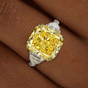 Three Stone Cushion Cut Yellow Engagement Ring