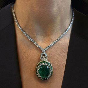 Halo Emerald Bead & Created White Sapphire Necklace