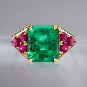 Golden Emerald Cut Emerald & Ruby Engagement Ring For Women