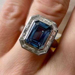 Halo Emerald Cut Blue & White Sapphire Engagement Ring