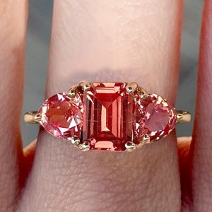 Three Stone Emerald Cut Orange Sapphire Engagement Ring