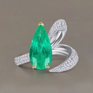 Unique Two Tone Split Shank Pear Cut Emerald Engagement Ring