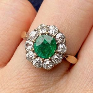 Two Tone Halo Round Cut Emerald Sapphire Engagement Ring