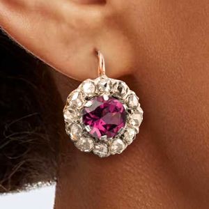 Cute Two Tone Halo Round Cut Ruby Drop Earrings For Women