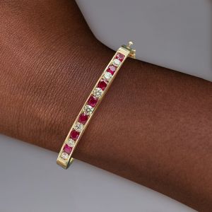 Golden Round Cut White & Ruby Sapphire Bangle Bracelet