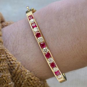 Golden Round Cut White & Ruby Sapphire Bangle Bracelet