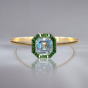 Golden Halo Asscher Cut White & Emerald Engagement Ring