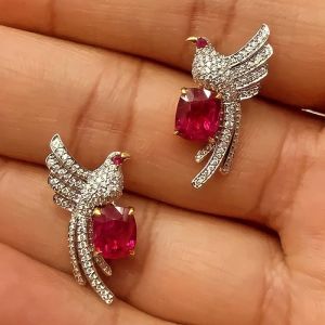 Two Tone Unique Bird Design Cushion Cut Ruby Stud Earrings