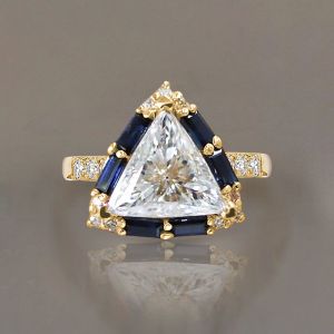 Halo Triangle Cut White & Blue Sapphire Engagement Ring