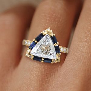 Halo Triangle Cut White & Blue Sapphire Engagement Ring