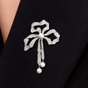 Art Deco Bow Design White Sapphire & Pearl Round Cut Brooch For Women