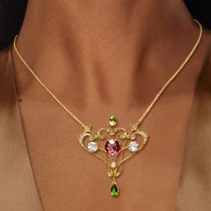 Art Deco Golden Red Sapphire Cushion Cut Pendant Necklace For Women