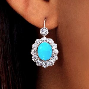 Vintage Turquoises & White Sapphire Oval Cut Drop Earrings