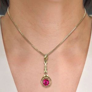 Art Deco Golden Ruby Sapphire Round Cut Solitaire Pendant Necklace For Women