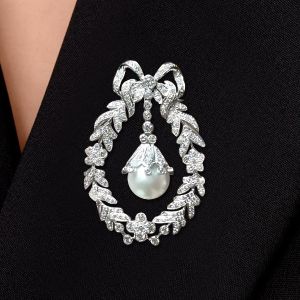 Art Deco White Sapphire & Pearl Round Cut Bow Brooch For Women