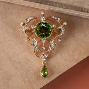 Art Deco Golden Round & Pear Cut Peridot Sapphire & Pearl Brooch For Women