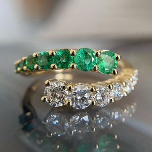 Golden Round Cut Emerald & White Sapphire Double Wave Ring Band