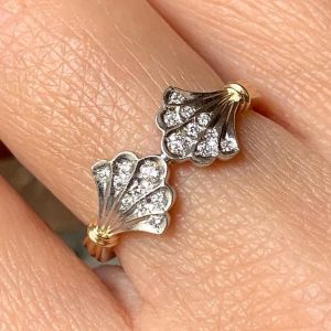 Two Tone Shell Design Round Cut White Sapphire Wedding Band For Women