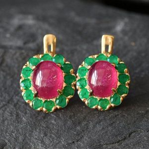 Golden Halo Oval Cut Ruby Sapphire Stud Earrings For Women