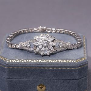 Art Deco Round & Marquise Cut White Sapphire Tennis Bracelet For Women