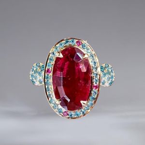 Art Deco Halo Ruby & Aquamarine Sapphire Oval Cut Engagement Ring