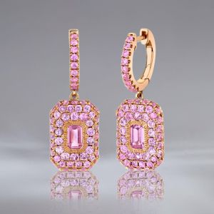 Halo Rose Gold Pink Sapphire Emerald & Round Cut Drop Earrings