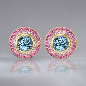 Golden Round Cut Blue & Pink Sapphire Stud Earrings For Women