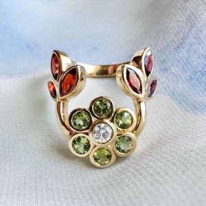 Golden Round & Marquise Cut Peridot & White & Garnet Sapphire Cocktail Ring For Women