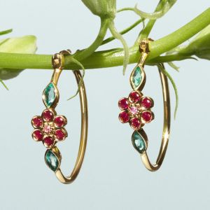 Golden Round & Marquise Cut Ruby & Emerald Sapphire Flora Hoop Earrings For Women