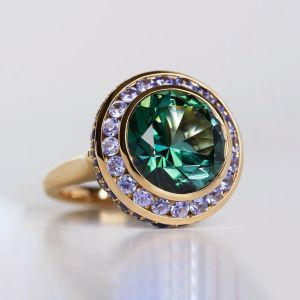 Rose Gold Halo Round Cut Emerald Sapphire Flowerbud Ring For Women