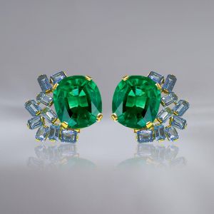 Golden Cushion Cut Emerald Sapphire Stud Earrings For Women