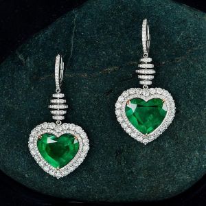 Two Tone Halo Heart Cut Emerald Sapphire Drop Earrings For Women