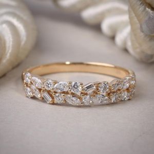 Golden Two Row Multi-Cut White Sapphire Wedding Band For Women