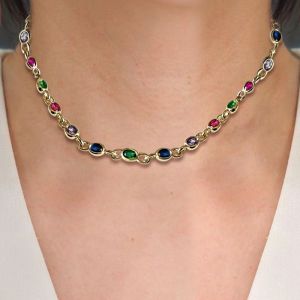 Golden Oval Cut Multi-Sapphire Prisma Necklace For Women