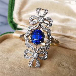 Art Deco Two Tone Cushion Cut Blue Sapphire Engagement Ring For Women