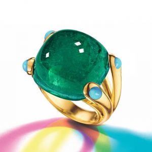 Golden Cushion Cut Emerald Sapphire Split Shank Engagement Ring For Women