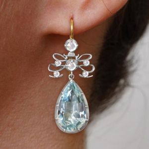 Bow Design Two Tone Pear Cut Aquamarine Sapphire Drop Earrings For Women