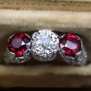 Art Deco Round Cut White & Ruby Sapphire Engagement Ring For Women