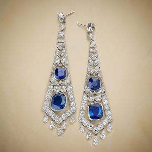 Art Deco Cushion Cut Blue Sapphire Drop Earrings For Women