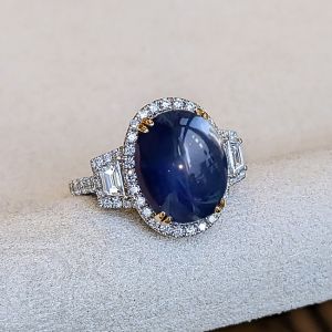 Two Tone Oval Cut Cabochon Blue Sapphire Engagement Ring For Women