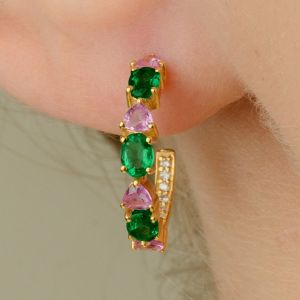 Golden Oval & Triangle Cut Emerald & Pink Sapphire Hoop Earrings For Women